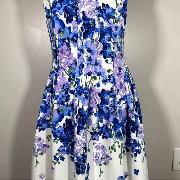 Adrianna Papell White Blue Floral Halter Neck Fit and Flare Sleeveless Dress 10 - Picture 3 of 11